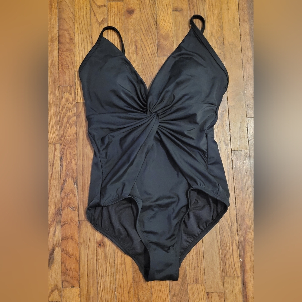 NWOT Time and Tru Women's Black Plunge Wrap One Piece Swimsuit S Small
